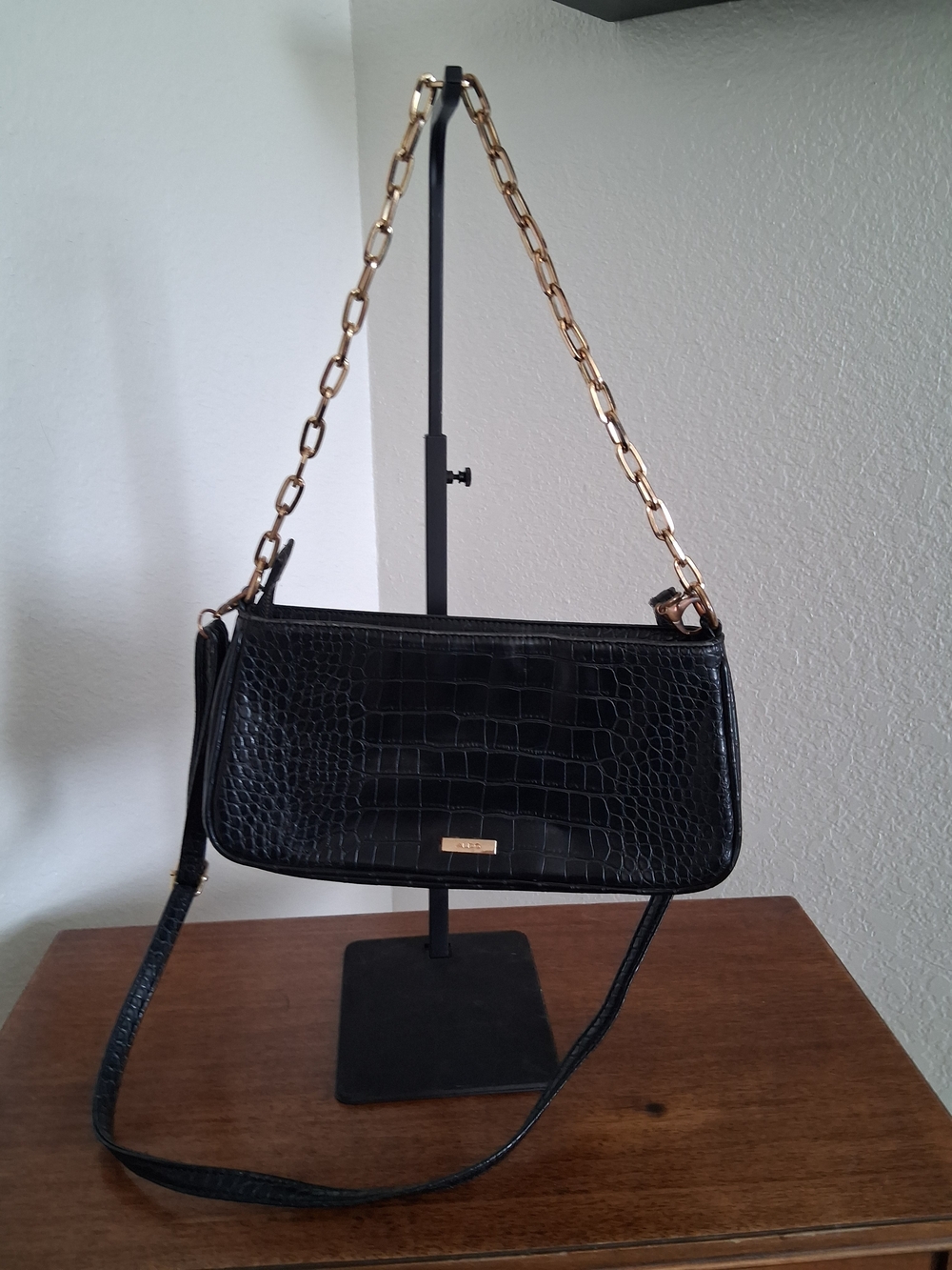 Aldo Black Croc-Embossed Shoulder Bag with Gold Chain Strap